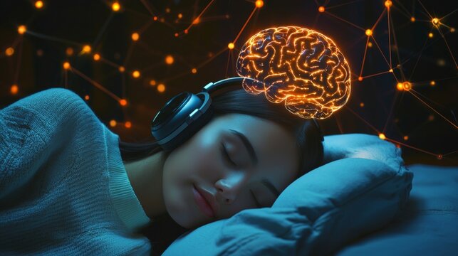 A serene image of a young woman sleeping with headphones, representing the connection between music and brain activity, illuminated by a glowing brain outline.