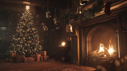 Obraz premium A beautifully decorated Christmas tree with twinkling lights stands majestically in the corner of the room, radiating cheer and holiday spirit. Meanwhile, in the fireplace. Ai generated images
