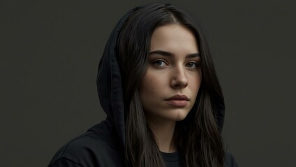 Fototapeta premium Woman with long black hair in a black hoodie (PNG).