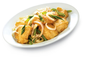 FISH GREEN CHILLI SOY SERVED IN WHITE TRAY
