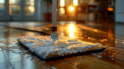 Cleaning Mop on Shiny Floor with Glowing Sunset Reflections