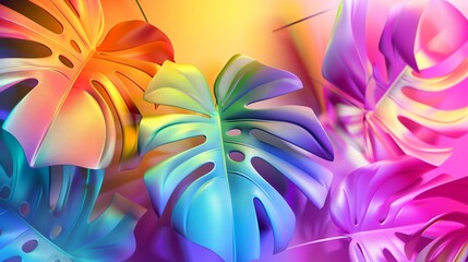 Fototapeta premium Vibrant tropical palm leaves with a neon gradient background create a lively visual effect