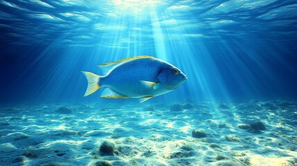Fototapeta premium Vibrant blue fish swimming gracefully in a sunlit underwater environment