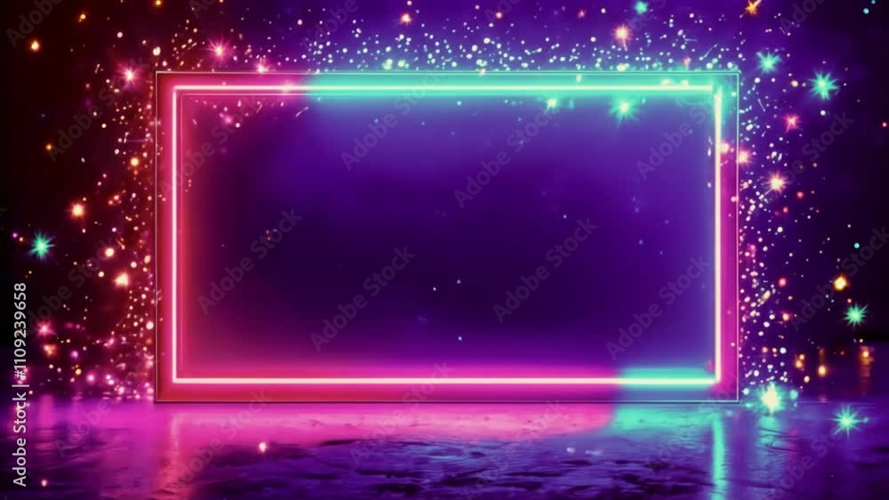 Canvas Prints futuristic neon frame with sparkling particles on reflective surface