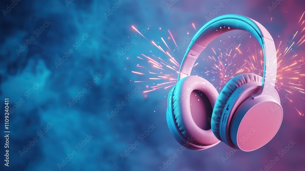 Poster headphone exploding concept, vibrant neon headphones with explosions of color and sound in abstract 