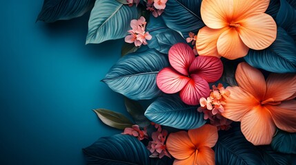 Colorful tropical flowers against a vibrant blue background in a lush arrangement