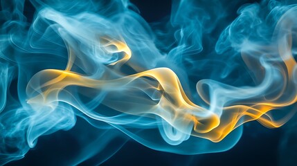 Fototapeta premium A mesmerizing abstract composition of cyan and golden yellow smoke, curling and intertwining like ribbons on a midnight blue, glowing as if lit from within.