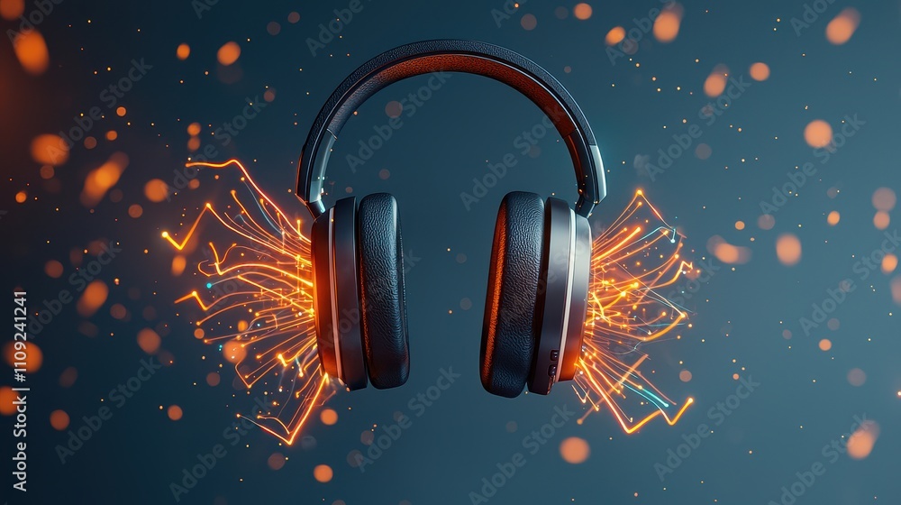 Poster headphone exploding concept, artistic representation of headphones disintegrating into dynamic strea