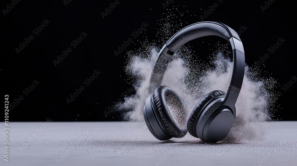Poster headphone exploding concept, close-up view of disintegrating headphones sparkling with fine particle
