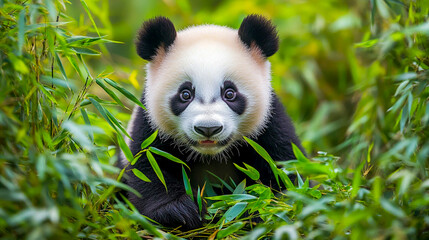 Fototapeta premium Adorable young giant panda (Ailuropoda melanoleuca) in a lush bamboo forest, Chengdu, Sichuan, China, showcasing playful behavior and vibrant surroundings.