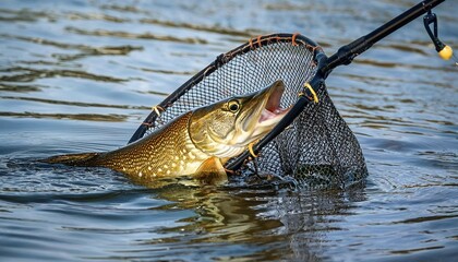 a northern pike in a landing net on a north minnesota lake
