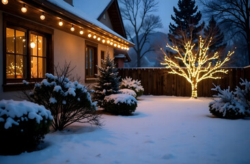 A cozy winter backyard illuminated by glowing string lights on the house and a beautifully lit tree, creating a magical and inviting ambiance. Perfect for seasonal outdoor decor. Selective focus