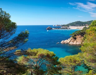 sea bay summer view with conifer trees in front costa brava catalonia spain
