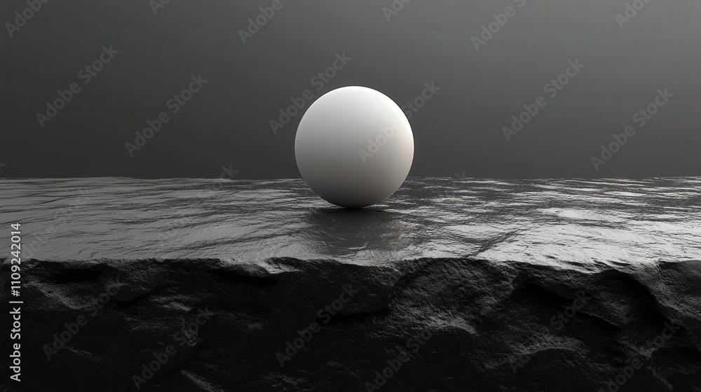 Poster minimalist composition featuring a single white sphere on a dark textured surface with subtle reflec