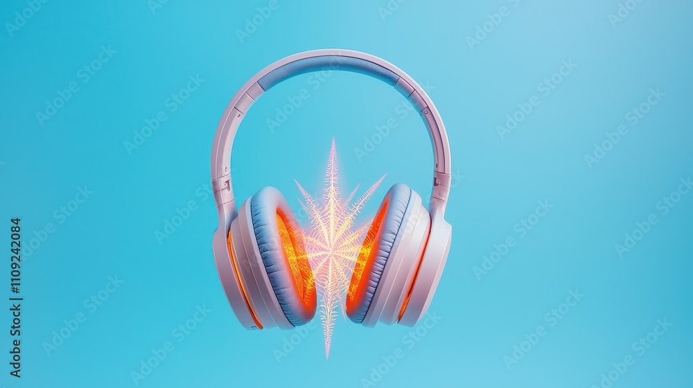 Poster headphone exploding concept, colorful headphones splitting into fractal patterns against a blue back