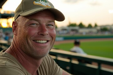 Happy Man Smiling at Baseball Game Wearing Cap