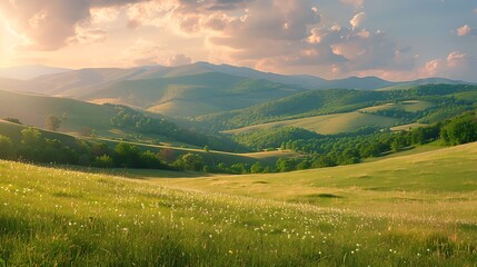 Obraz premium panorama of romania countryside at sunset in evening light. wonderful springtime landscape in mountains. grassy field and rolling hills. rural scenery