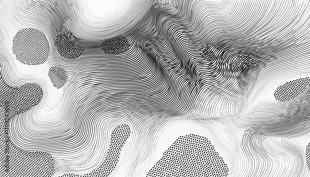 Poster wave relief texture with black halftone circles on a white background abstract design of a topograph