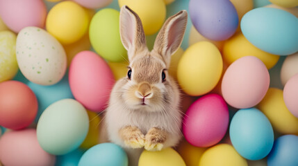 Charming Easter Background Featuring a Playful Easter Rabbit Surrounded by Colorful Eggs.