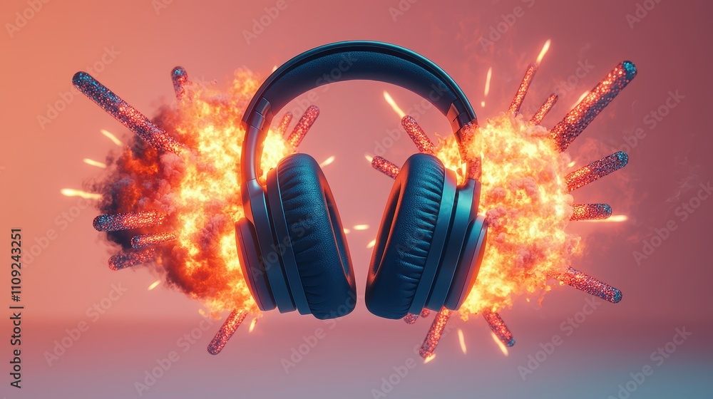 Poster headphone exploding concept, exploding headphones surrounded by shockwaves and radiating pulses of e
