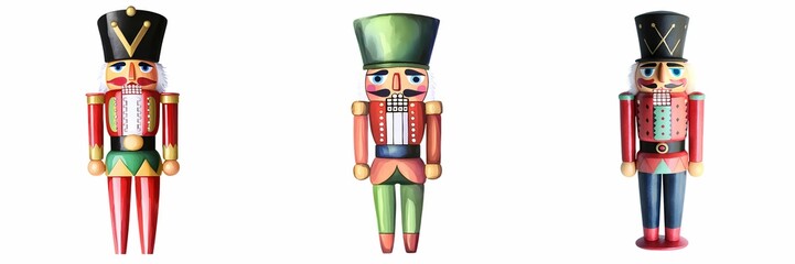 Symbolizing traditional Christmas decorations concept. Nutcracker figurines in festive colors