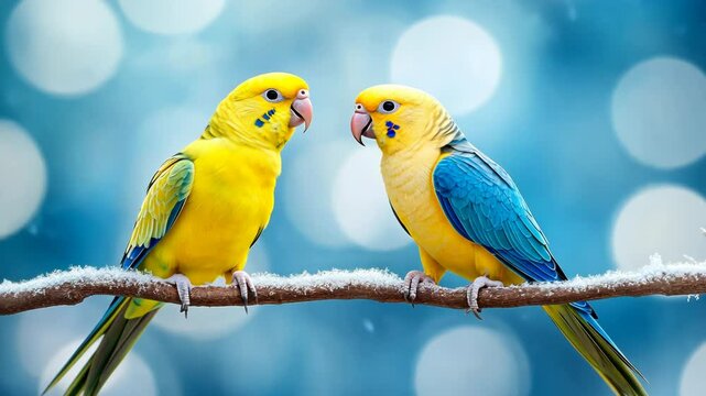 Two parrots fluffed up on a frosty tree branch
