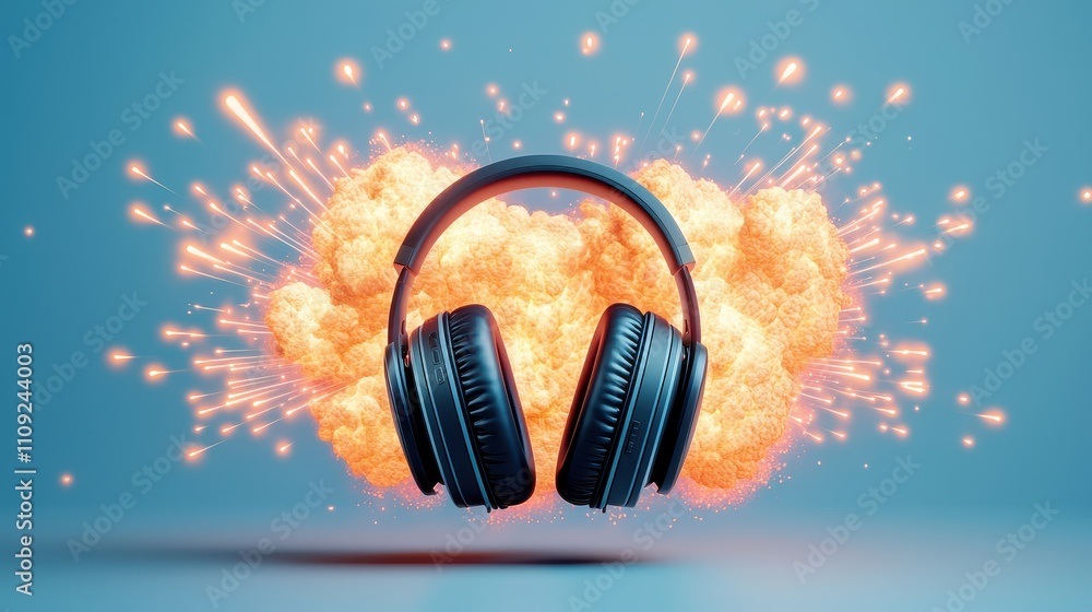 Poster headphone exploding concept, exploding headphones surrounded by shockwaves creating a powerful visua