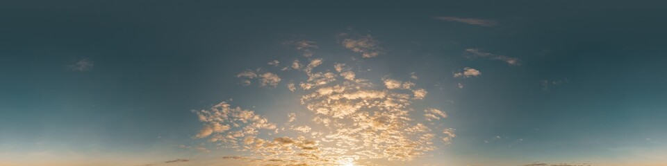 Obraz premium 360 panorama of glowing sunset sky with bright pink Cumulus clouds. HDR 360 seamless spherical panorama. Full zenith or sky dome sky replacement for aerial drone panoramas. Climate and weather change.