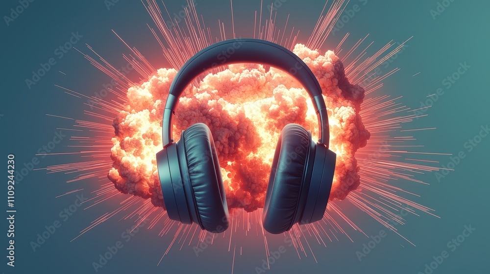 Poster headphone exploding concept, exploding headphones surrounded by shockwaves in a dynamic visual repre