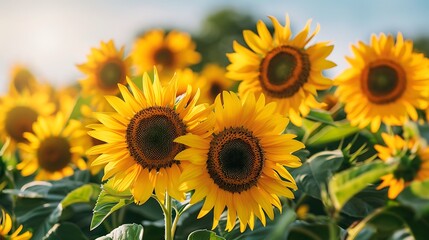 Obraz premium A garden of happy sunflowers beneath a brilliant sky joy without faces