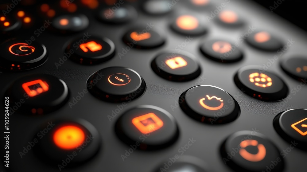 Poster close-up view of modern remote control buttons with illuminated icons in orange and black, ideal for