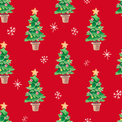 Seamless pattern with Christmas tree and snowflakes on a red background. The watercolor illustration is hand drawn. For fabric, wrapping paper, packaging.
