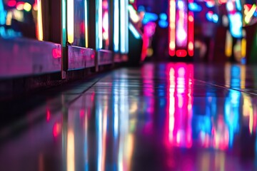 Vibrant neon lights reflecting on glossy floor at night