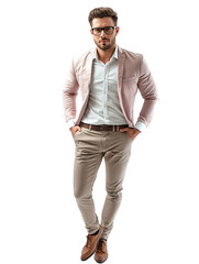 Fototapeta premium stylish man in pink blazer and beige pants, exuding confidence and sophistication. His glasses add modern touch to his elegant look, isolated on transparent background
