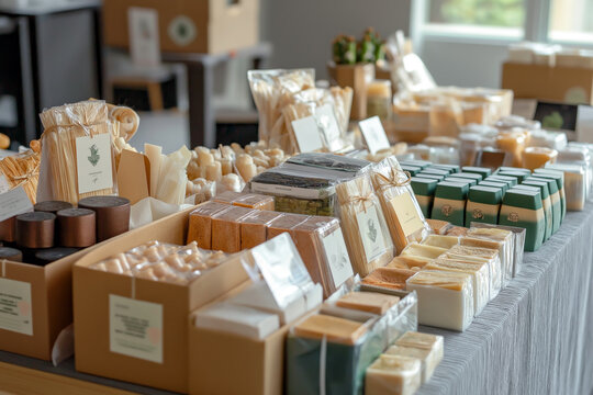 A table full of handmade crafts ready to be sold, with eco-friendly packaging and branding materials displayed.