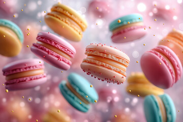 Delicate macarons in pastel colors dance gracefully against a dreamy, blurred background. Generative AI