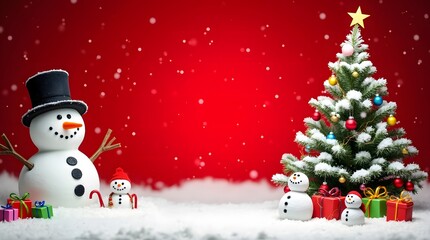 Obraz premium Merry Christmas! Festive Snowmen and Decorated Christmas Tree in a Snowy Winter Wonderland