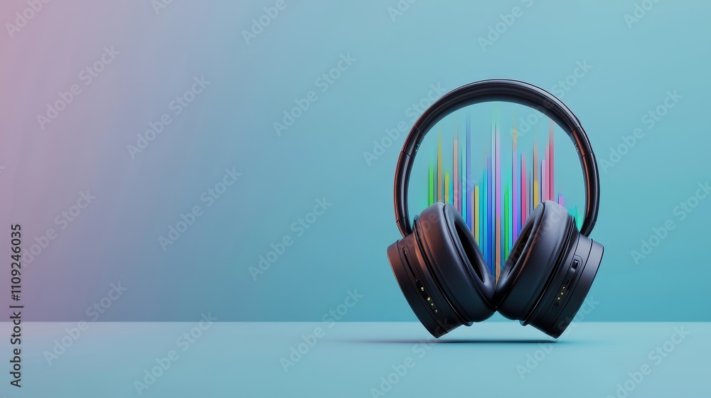 Poster headphone exploding concept, colorful waveforms burst from headphones in a modern minimalist design