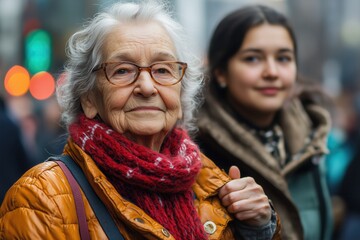 Fototapeta premium Portrait of an elderly woman with a red scarf in an urban setting