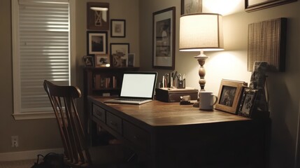 Cozy and Inviting Home Office with Wooden Desk, Laptop, Warm Lighting, and Personal Touches in a Tranquil Setting