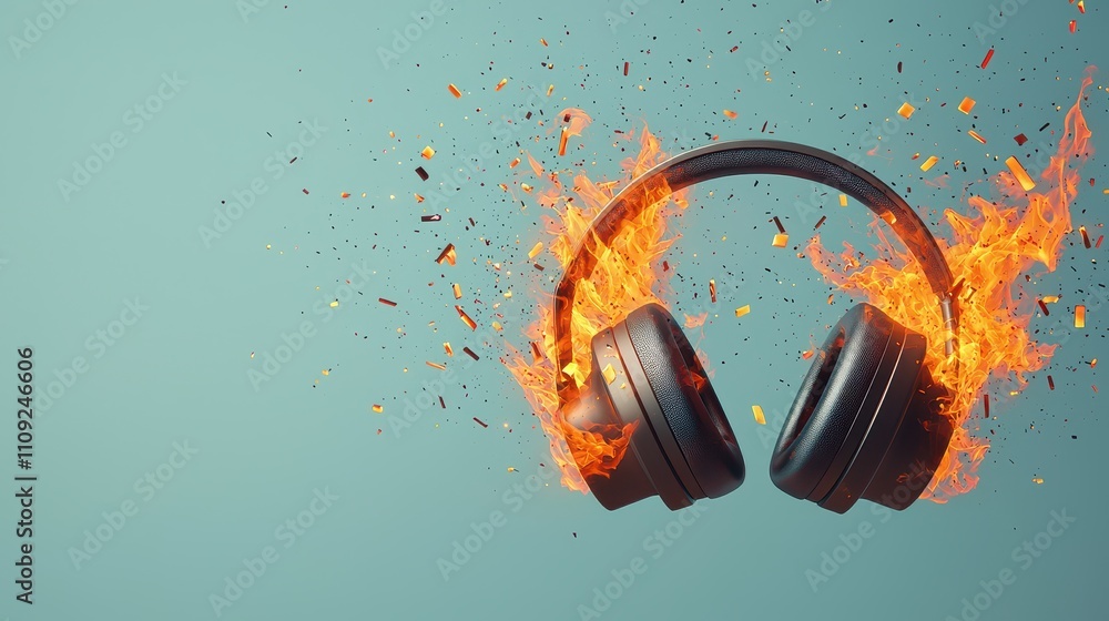 Poster headphone exploding concept, bursting headphones with fiery energy and shards in dramatic explosion 