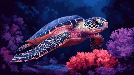 Fototapeta premium Majestic Sea Turtle Swimming Coral Reef Ocean Life Art