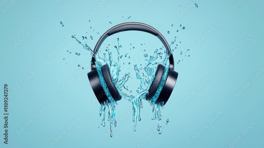 Poster headphone exploding concept, headphones with streams of liquid sound cracking open against a light b