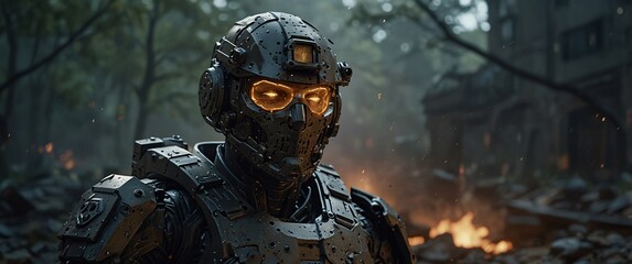 Fototapeta premium Cybernetic Soldier in Post-Apocalyptic Battlefield: A futuristic soldier with glowing eyes stands amidst the ruins of a destroyed city, evoking themes of survival, conflict.