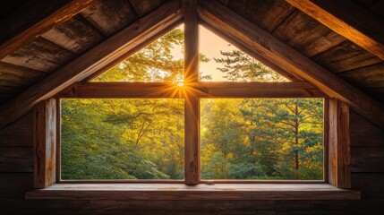 Fototapeta premium Sun shining through a wooden window in an attic.