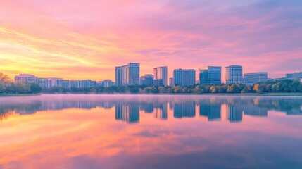 Obraz premium Modern City Skyline Reflected on Calm Lake at Sunrise