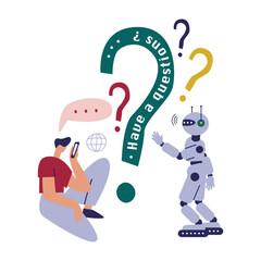 Chatbot AI online communication, Automated text or voice conversations, Robot answer customer questions in chatbot services, Collaboration between humans and artificial intelligence.Vector design.