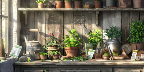 Fototapeta premium Close-up of a farmer's workbench with gardening tools and seed packets, illustrating a job in agriculture