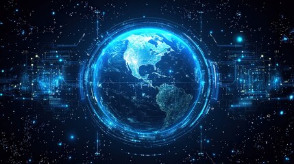 Obraz premium Global Network Digital Earth Futuristic Technology Innovation Connectivity Data World Map Hologram