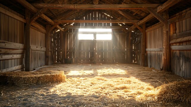 Interior the old rustic stable with sunlight. Inside the wooden barn with hay and straw on the floor. Wooden beam walls